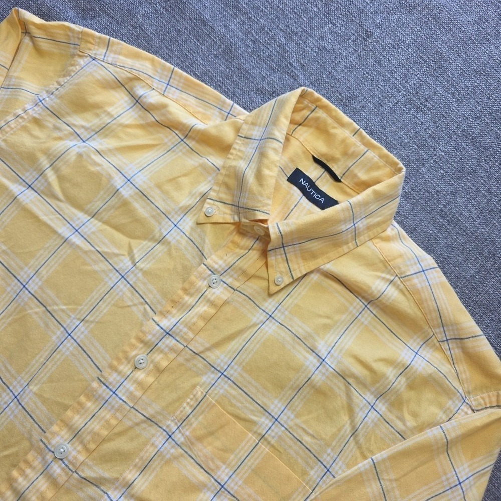 Nautica Button Shirt Mens Large Yellow Plaid Long Sleeve Dress Shirt